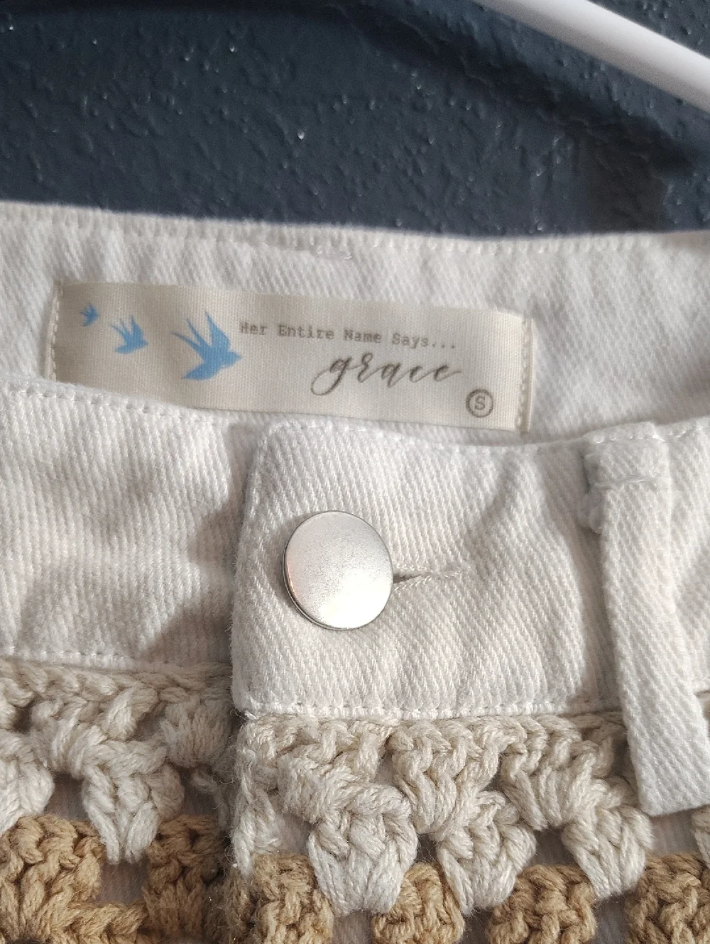 Grace White High-Waist Bohiemein 70s Artsy Crochet Denim Shorts